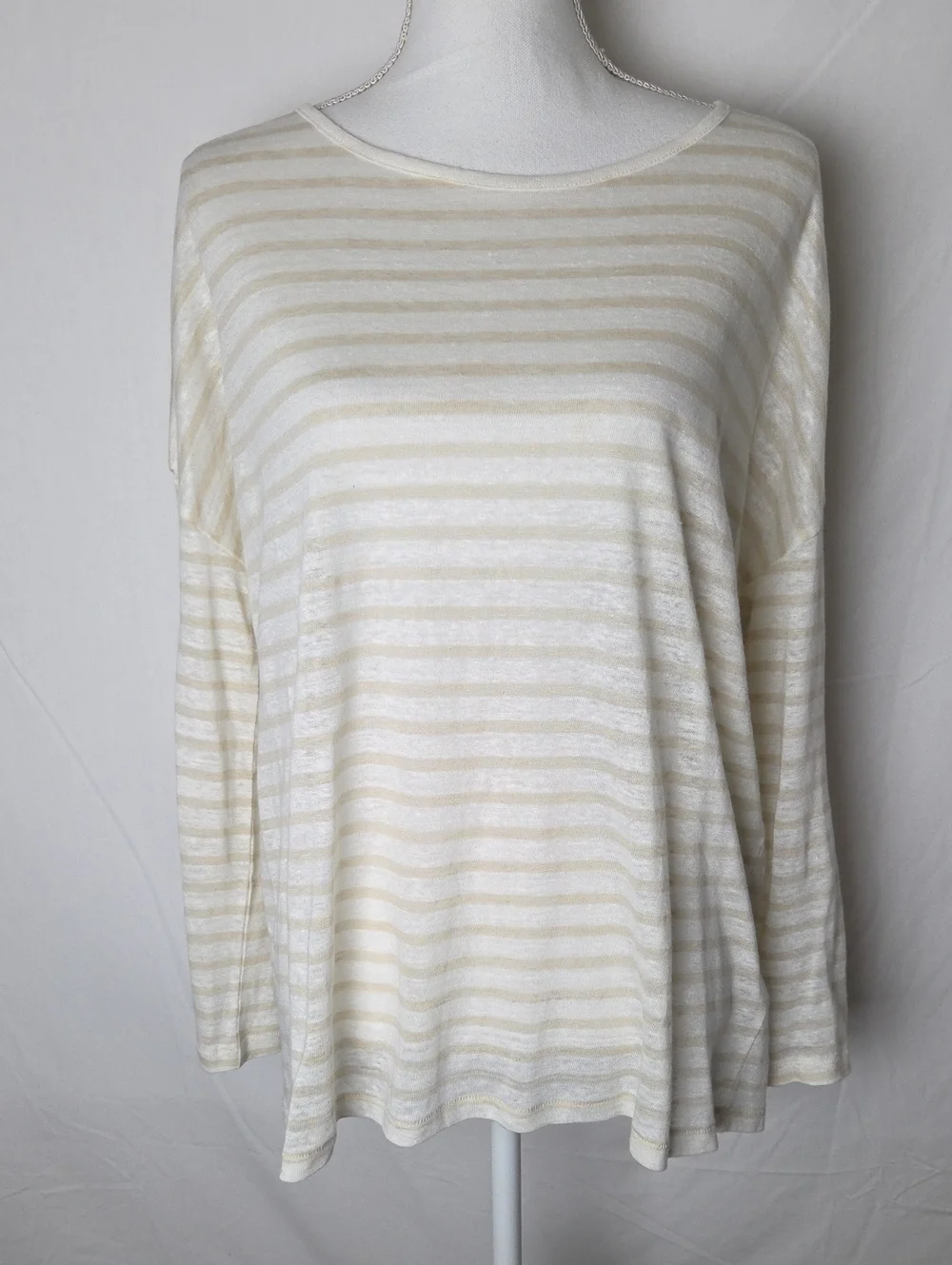 J. Crew Linen Tee Beige & Ivory Stripped Long Sleeve Women's Size Medium